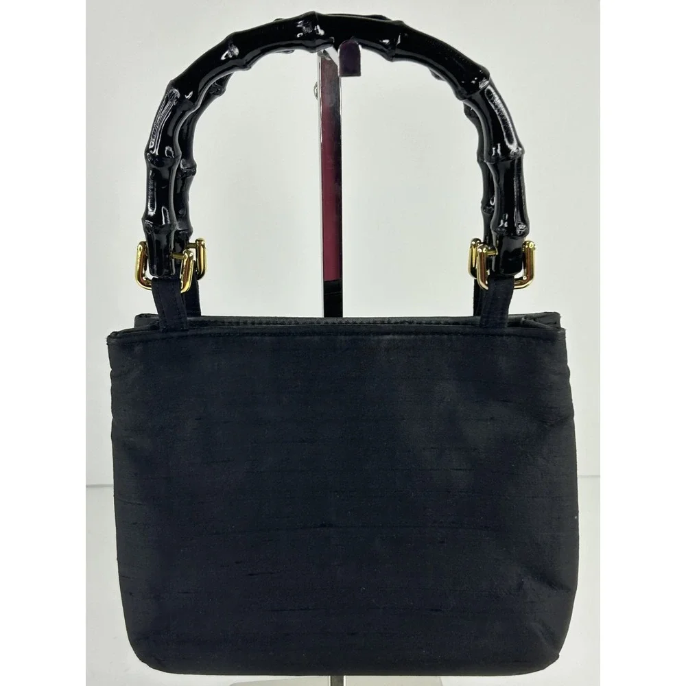 Vintage Mc Designs by Marjorie Purse Black Raw Silk Bamboo Handles Thistle Crest